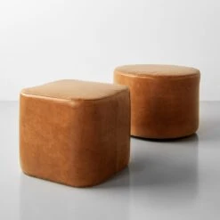 Block Cognac Leather Ottoman -Furniture Store 102988 102984 1