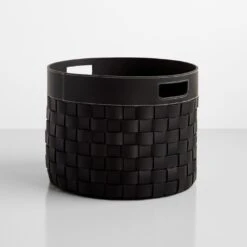 Woven Leather Black Round Floor Basket