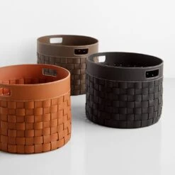 Woven Leather Black Round Floor Basket 11 Woven Leather Black Round Floor Basket -Furniture Store 103061 103060 103062 1