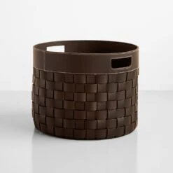 Woven Leather Chocolate Round Floor Basket
