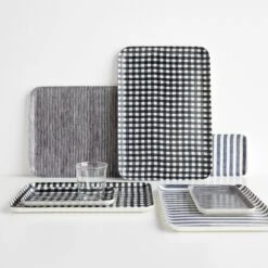 Hickory Gray Stripe Large Linen Coated Tray -Furniture Store fog linen trays cast tumbler group mix 3