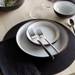 Essential Chrome 5pc Flatware Set -Furniture Store front cover rim dinnerware linen black napkin dot black placemat