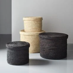 Lidded Natural Storage Basket 10" 12 Lidded Natural Storage Basket 10" -Furniture Store raffia natural and black storage baskets