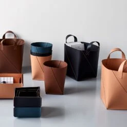 Twist Pecan Leather Waste Bin -Furniture Store unison 10 23 7183 2tif