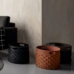 Woven Leather Cognac Round Floor Basket -Furniture Store unison 7 23 5241 4